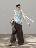 Light Blue Asymmetric Halter Top with Front Ruffles and Open Back