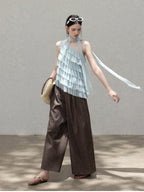 Light Blue Asymmetric Halter Top with Front Ruffles and Open Back