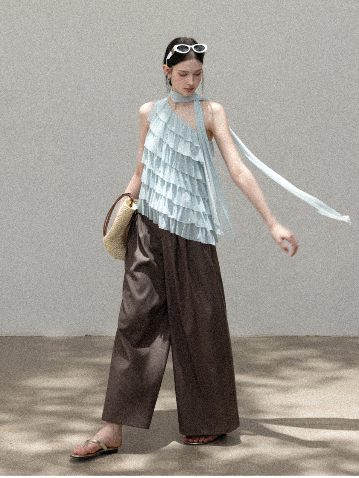 Light Blue Asymmetric Halter Top with Front Ruffles and Open Back