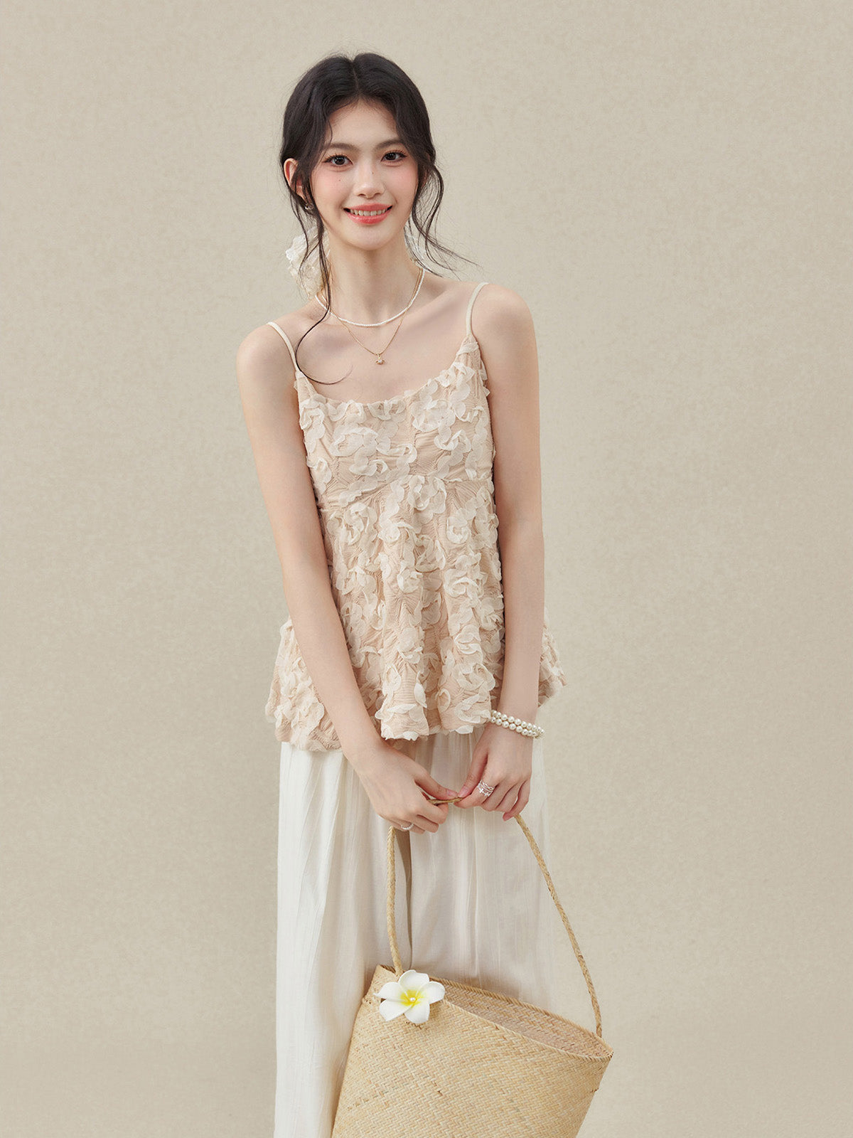 Apricot Short Peplum Tank Top with Square Neck and Thin Straps