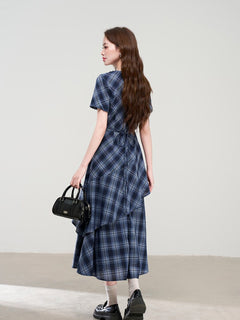 Navy Blue Plaid Midi Dress with V-Neck Ruffle and Short Sleeves