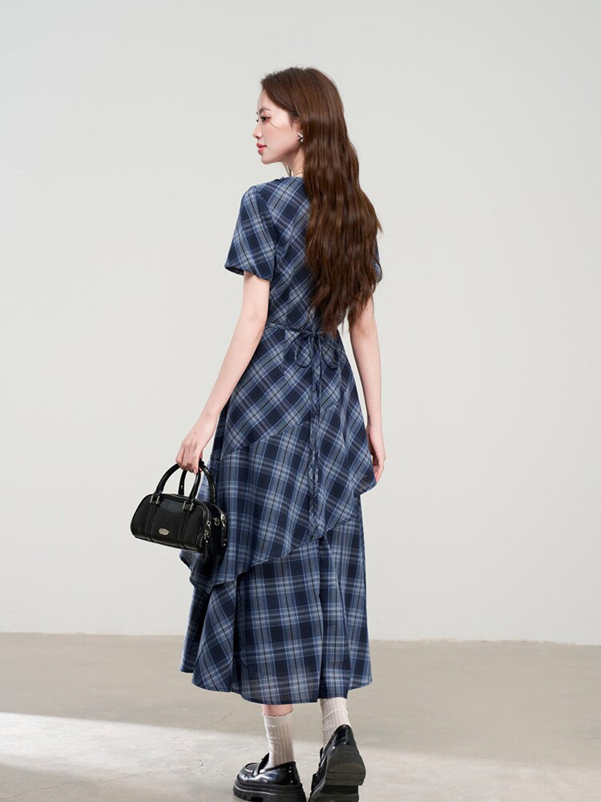 Navy Blue Plaid Midi Dress with V-Neck Ruffle and Short Sleeves