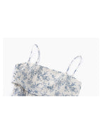 Close-up of blue floral pattern on white fabric