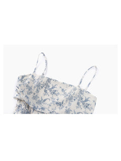 Close-up of blue floral pattern on white fabric