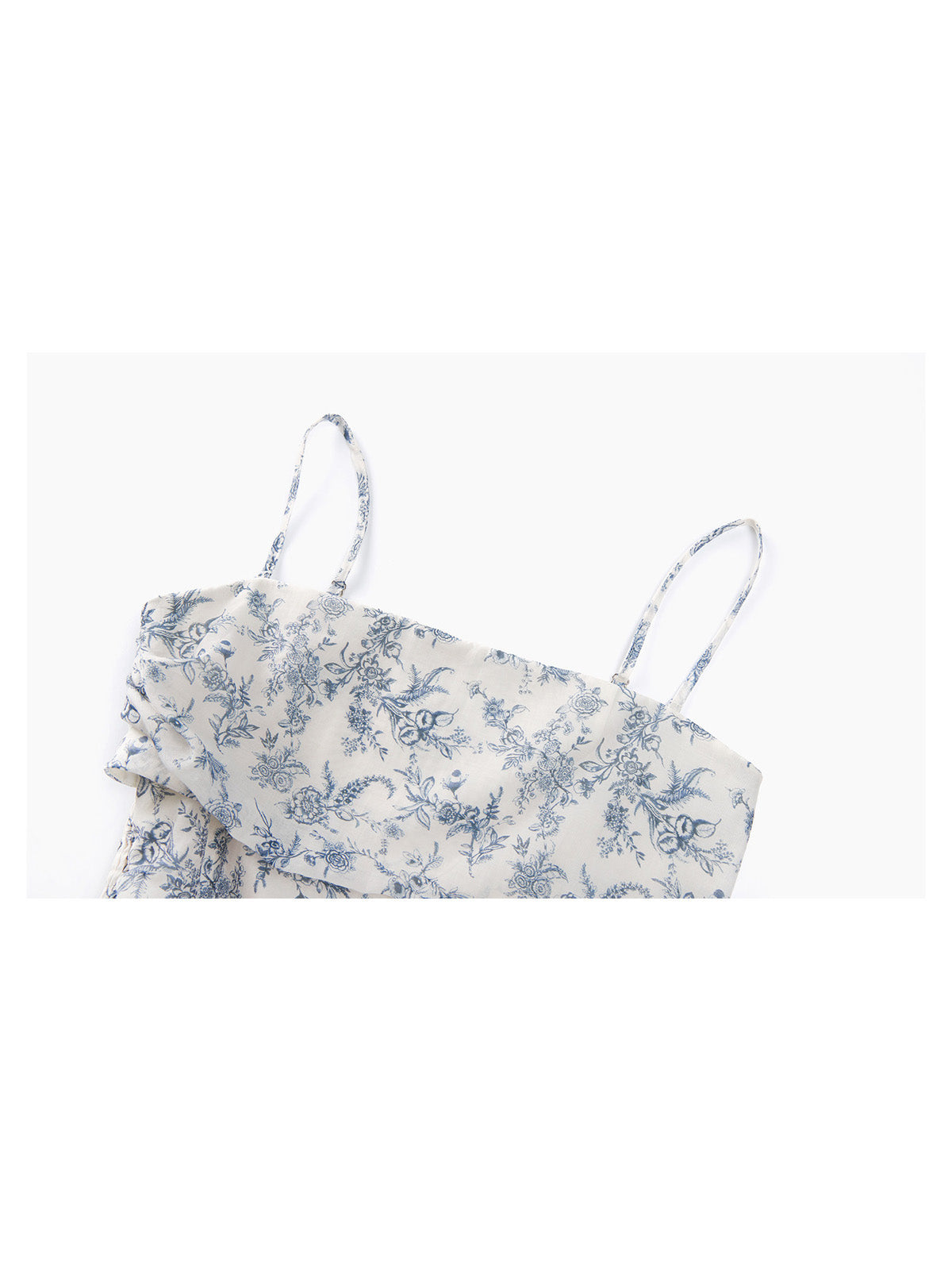 Close-up of blue floral pattern on white fabric