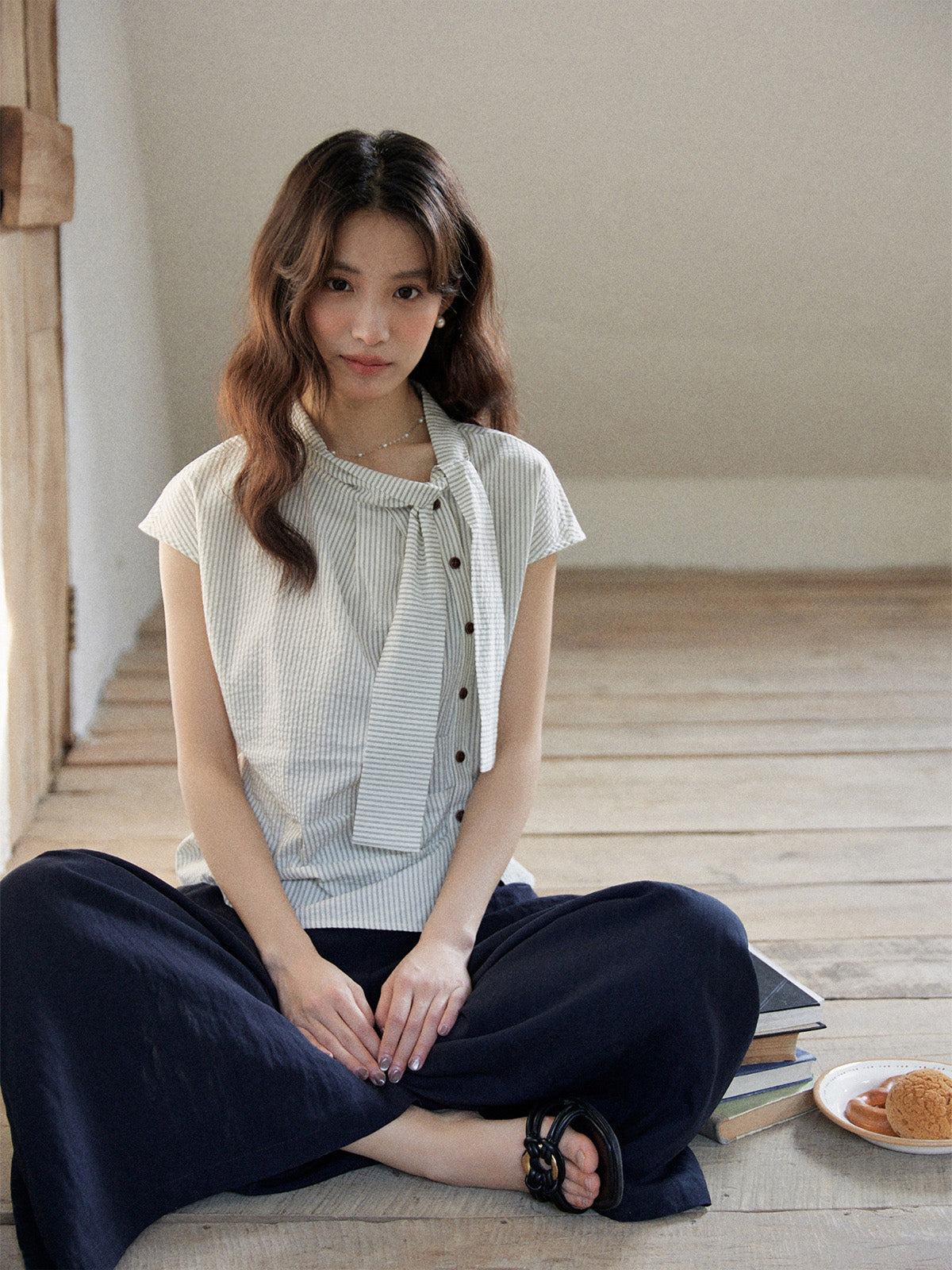 Ivory Stripe Short Sleeve Asymmetrical Tie Cotton Blouse