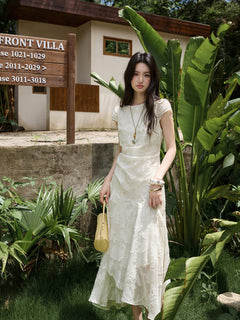 Apricot Midi Dress Featuring Cinched Waist and Short Sleeves