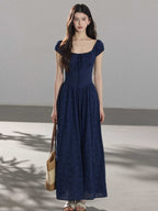 Navy Blue Maxi Dress with Square Neckline and Puffed Sleeves