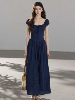 Navy Blue Maxi Dress with Square Neckline and Puffed Sleeves