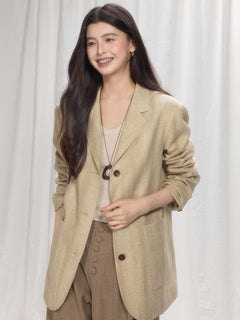 Khaki Long Double-Breasted Blazer with Notch Collar