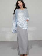 Grey A-Line Midi Skirt with Side Slit and Drawstring Waist