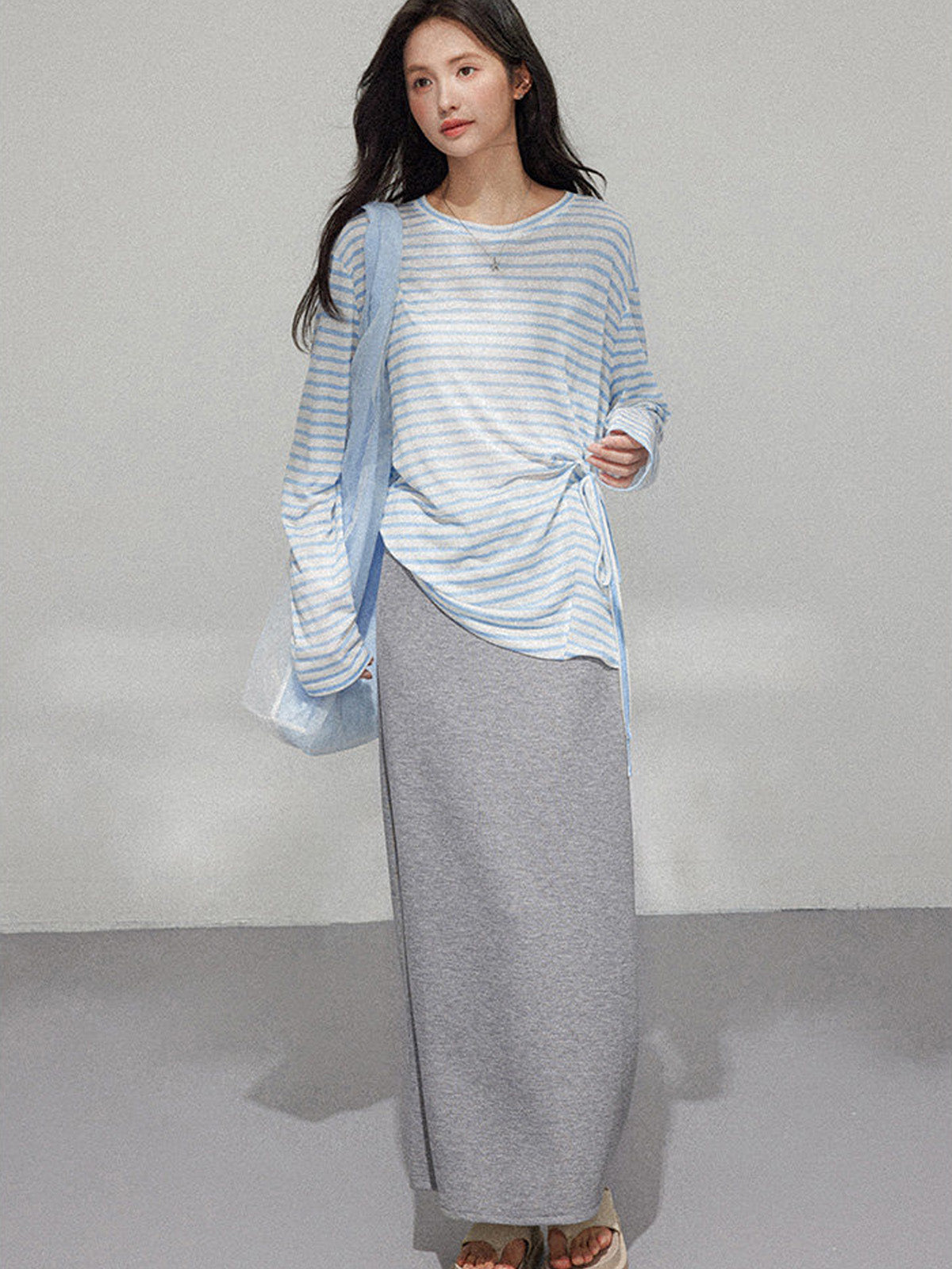 Grey A-Line Midi Skirt with Side Slit and Drawstring Waist