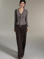 Dark Brown High-Rise Wide-Leg Trousers with Front Pleats