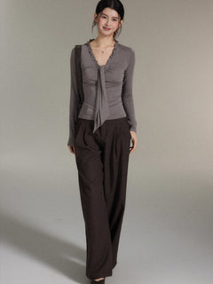 Dark Brown High-Rise Wide-Leg Trousers with Front Pleats