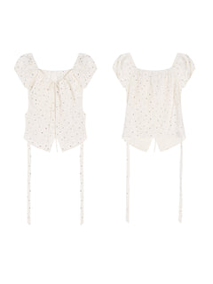 A cream polka dot fitted top with puff short sleeves, shown from the front and back.