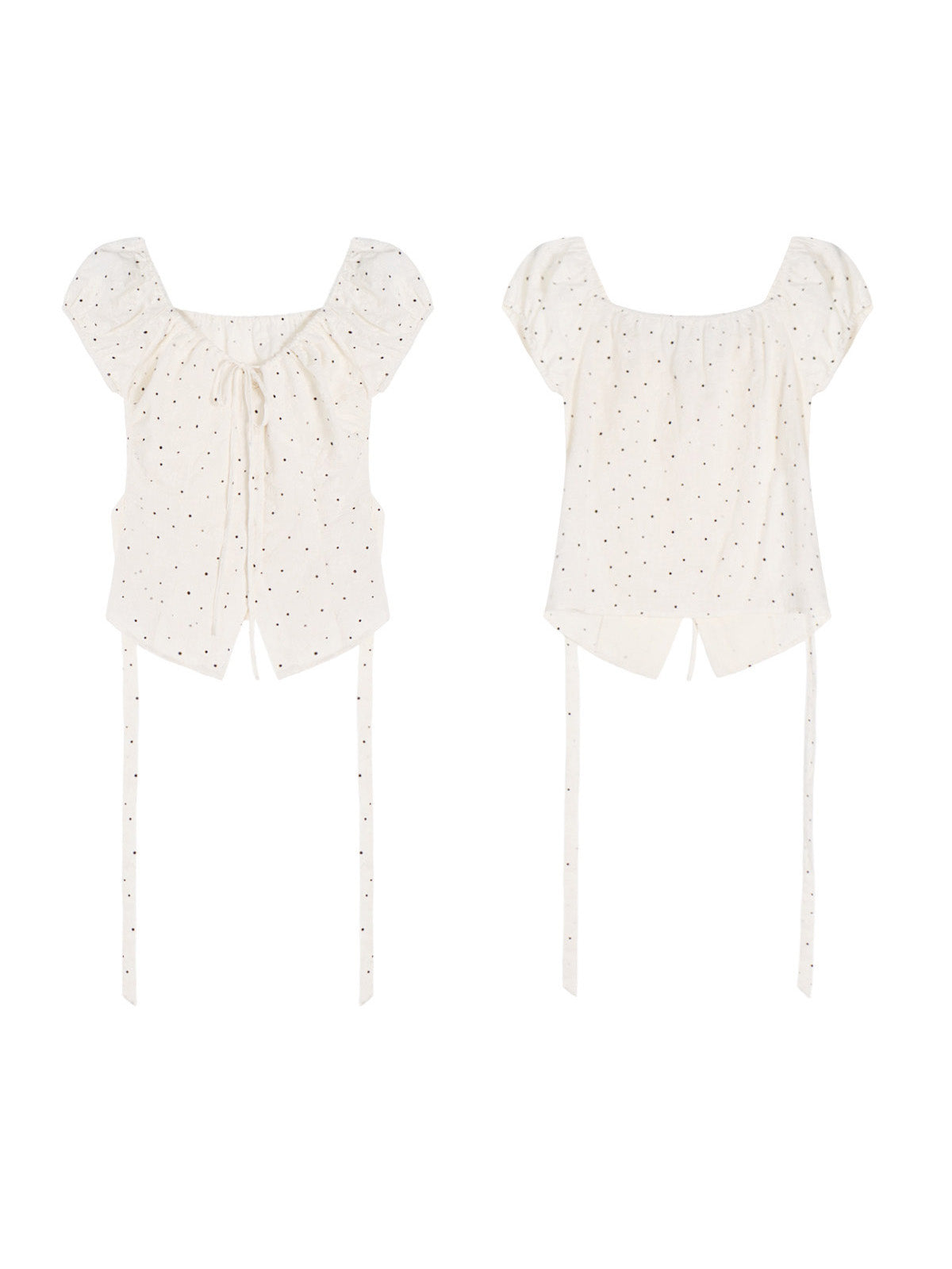 A cream polka dot fitted top with puff short sleeves, shown from the front and back.
