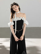 Black Short Fitted Ruffled Off-Shoulder Shirt