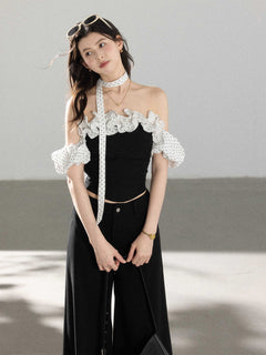 Black Short Fitted Ruffled Off-Shoulder Shirt