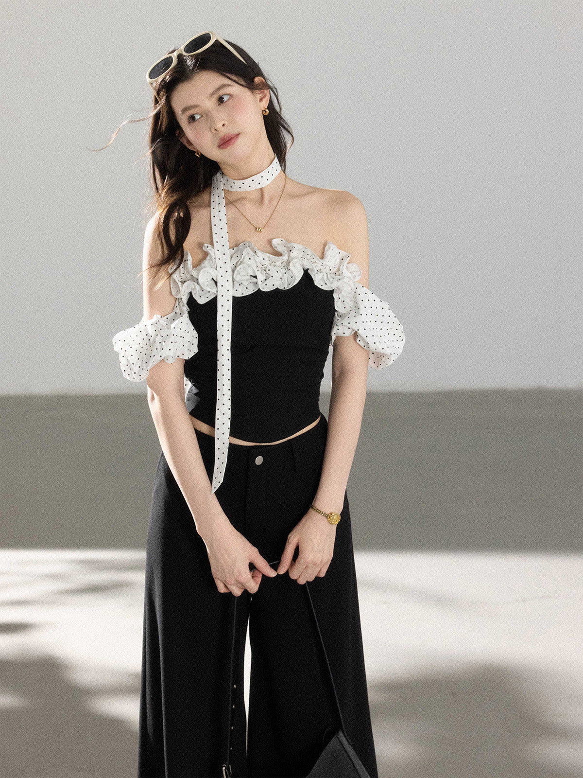 Black Short Fitted Ruffled Off-Shoulder Shirt