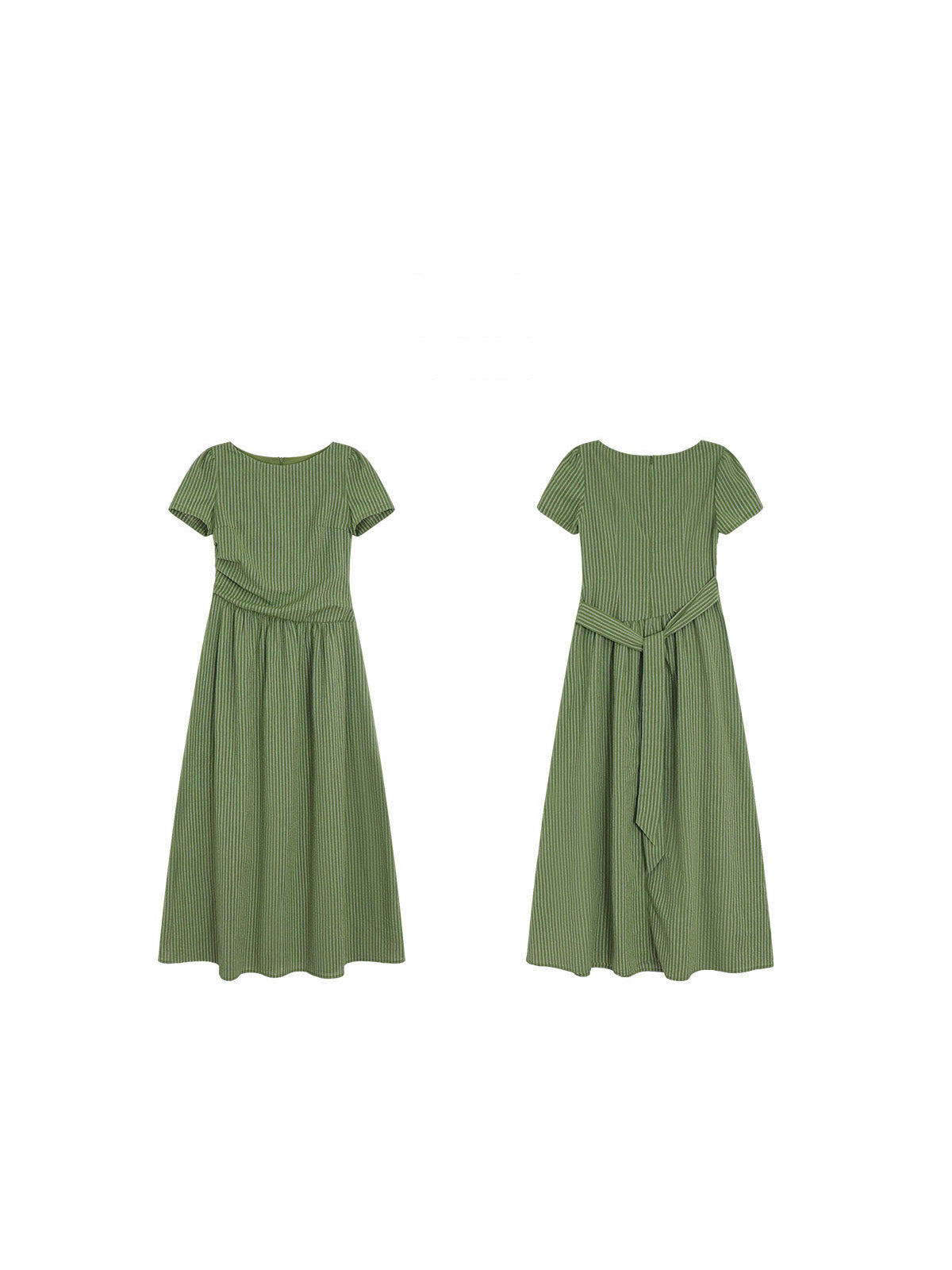 Front and back views of a long green striped dress with short sleeves and a tie belt.