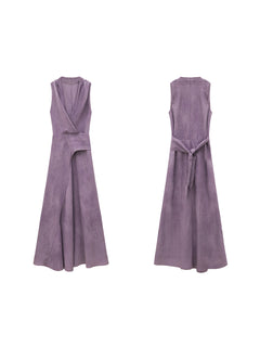 A front and back view of a purple sleeveless maxi dress with a wrap front and side slit.