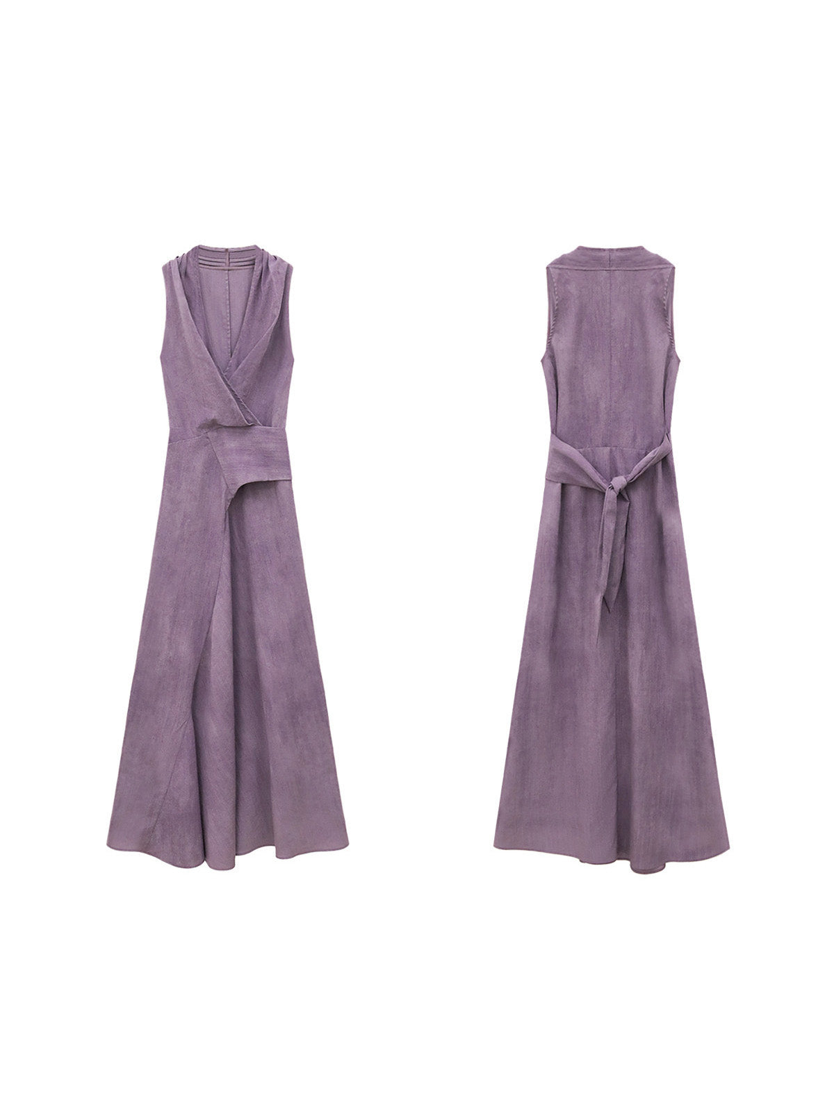 A front and back view of a purple sleeveless maxi dress with a wrap front and side slit.