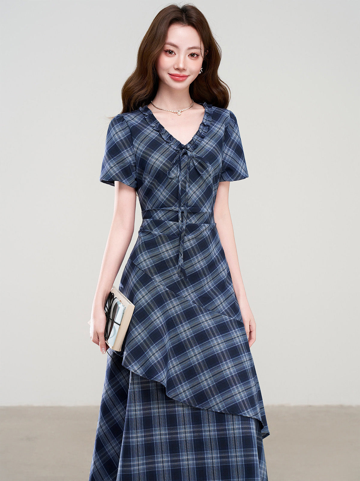 Navy Blue Plaid Midi Dress with V-Neck Ruffle and Short Sleeves