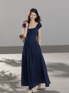 Navy Blue Maxi Dress with Square Neckline and Puffed Sleeves