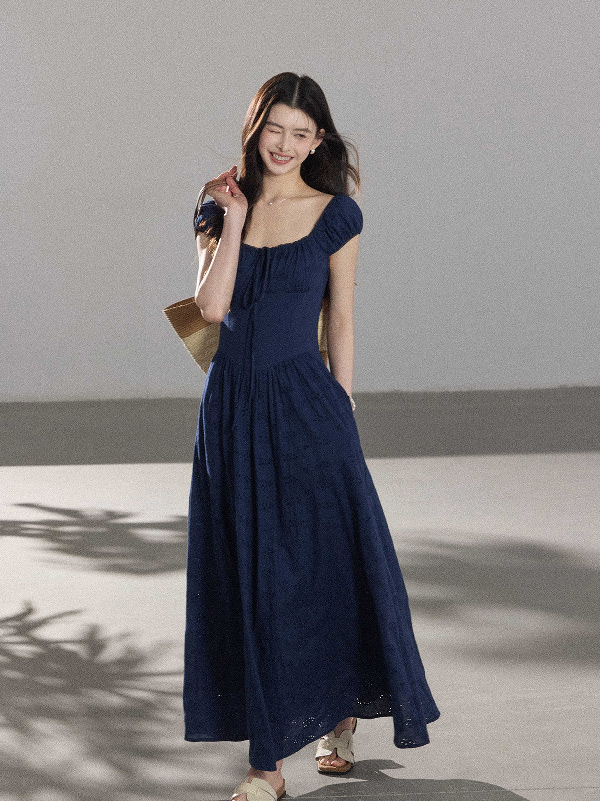 Navy Blue Maxi Dress with Square Neckline and Puffed Sleeves