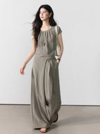 Taupe grey wide-leg pants with a straight hem, shown from the front.
