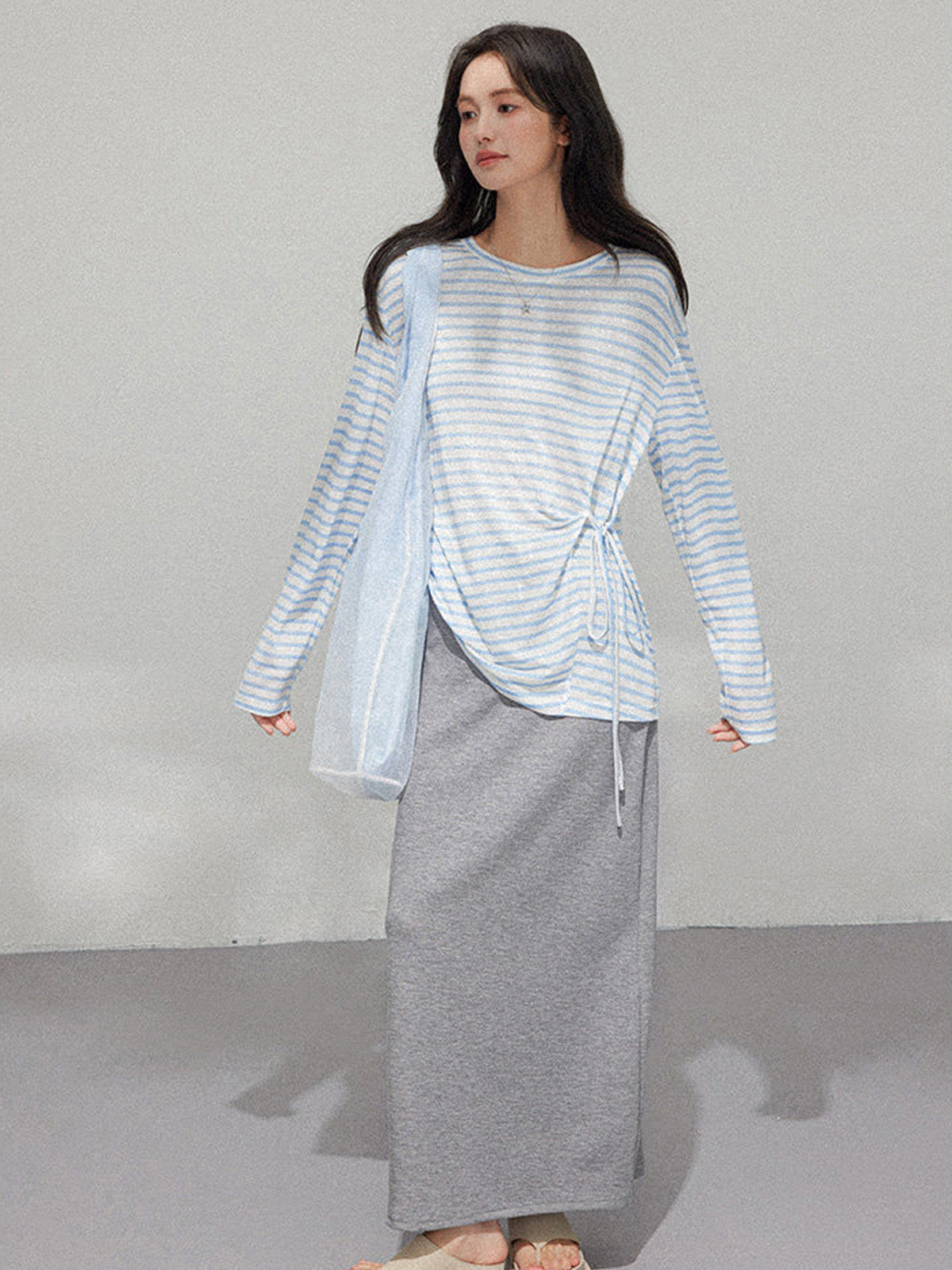 Grey A-Line Midi Skirt with Side Slit and Drawstring Waist