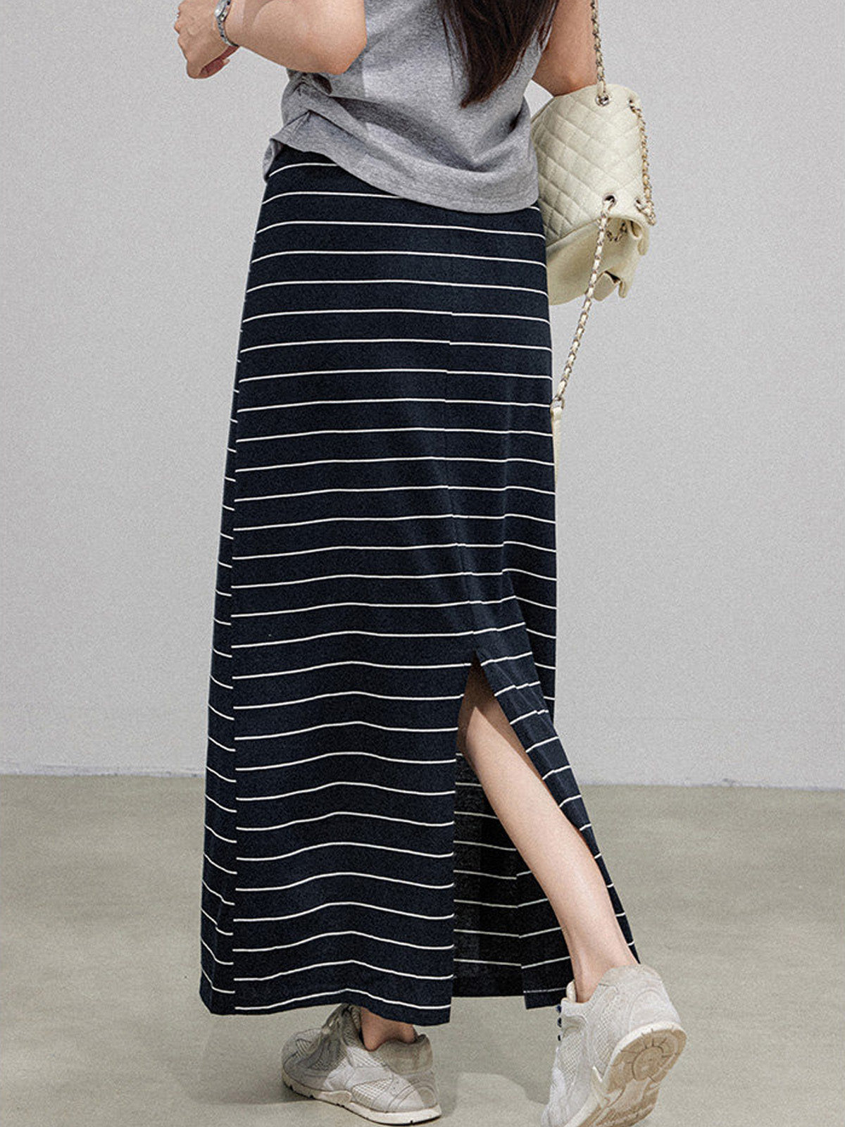 Navy Stripe Cotton Midi Skirt Featuring Side Slit
