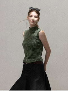 High neck green polka dot tank top worn alone