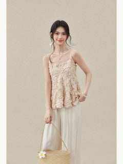 Apricot Short Peplum Tank Top with Square Neck and Thin Straps
