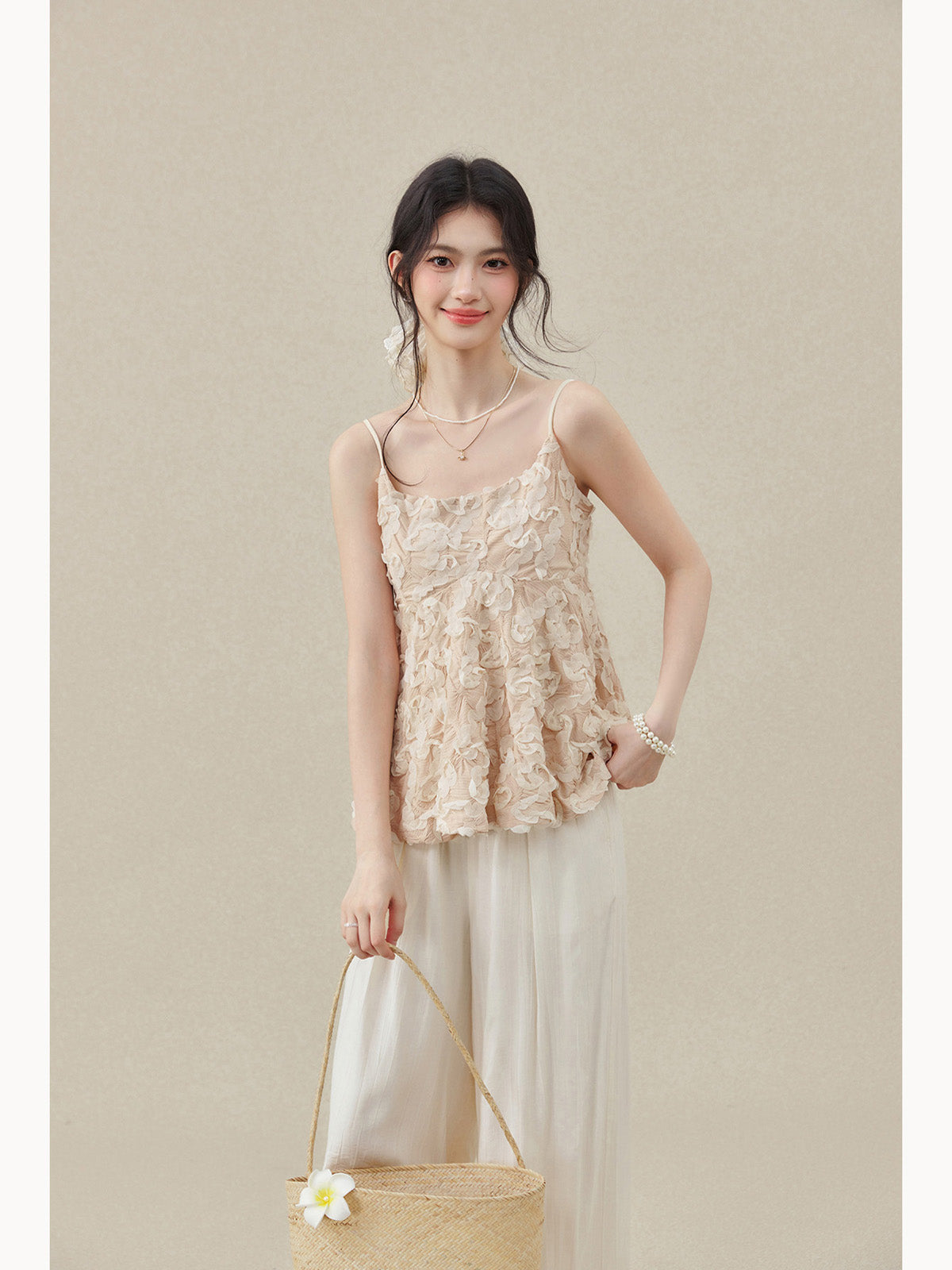 Apricot Short Peplum Tank Top with Square Neck and Thin Straps