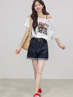 High Rise Denim Shorts with Cuffed Hem and Pockets