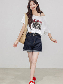 High Rise Denim Shorts with Cuffed Hem and Pockets