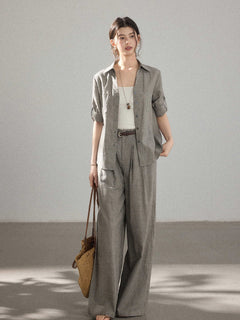 Grey Wide-leg Pants with High-rise and Pleated Front