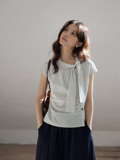 Ivory Stripe Short Sleeve Asymmetrical Tie Cotton Blouse