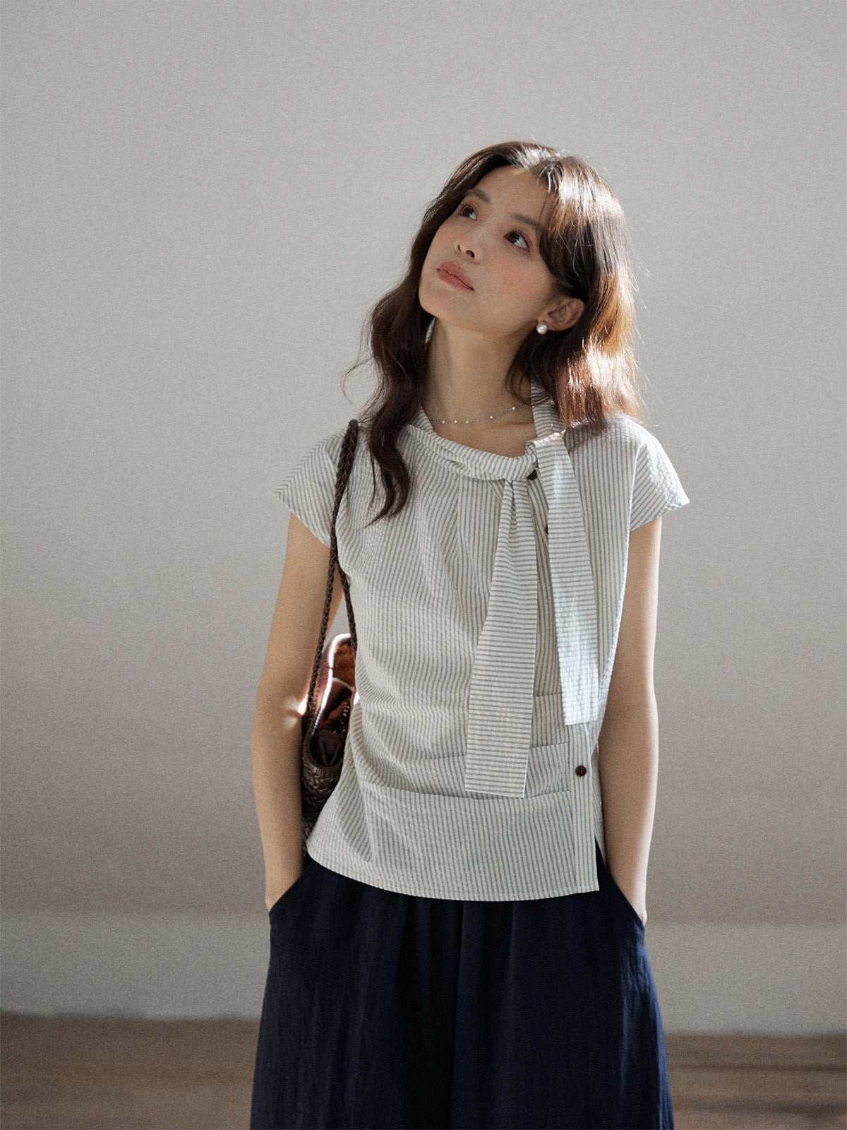 Ivory Stripe Short Sleeve Asymmetrical Tie Cotton Blouse