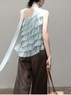 Light Blue Asymmetric Halter Top with Front Ruffles and Open Back
