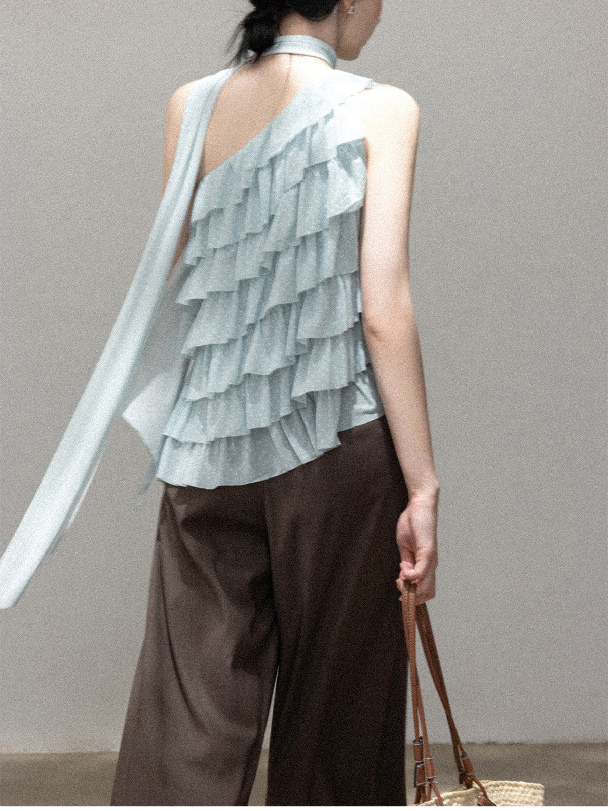 Light Blue Asymmetric Halter Top with Front Ruffles and Open Back