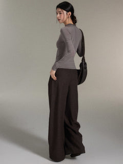 Dark Brown High-Rise Wide-Leg Trousers with Front Pleats