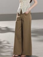 Back view of khaki wide-leg pants showing two rear patch pockets