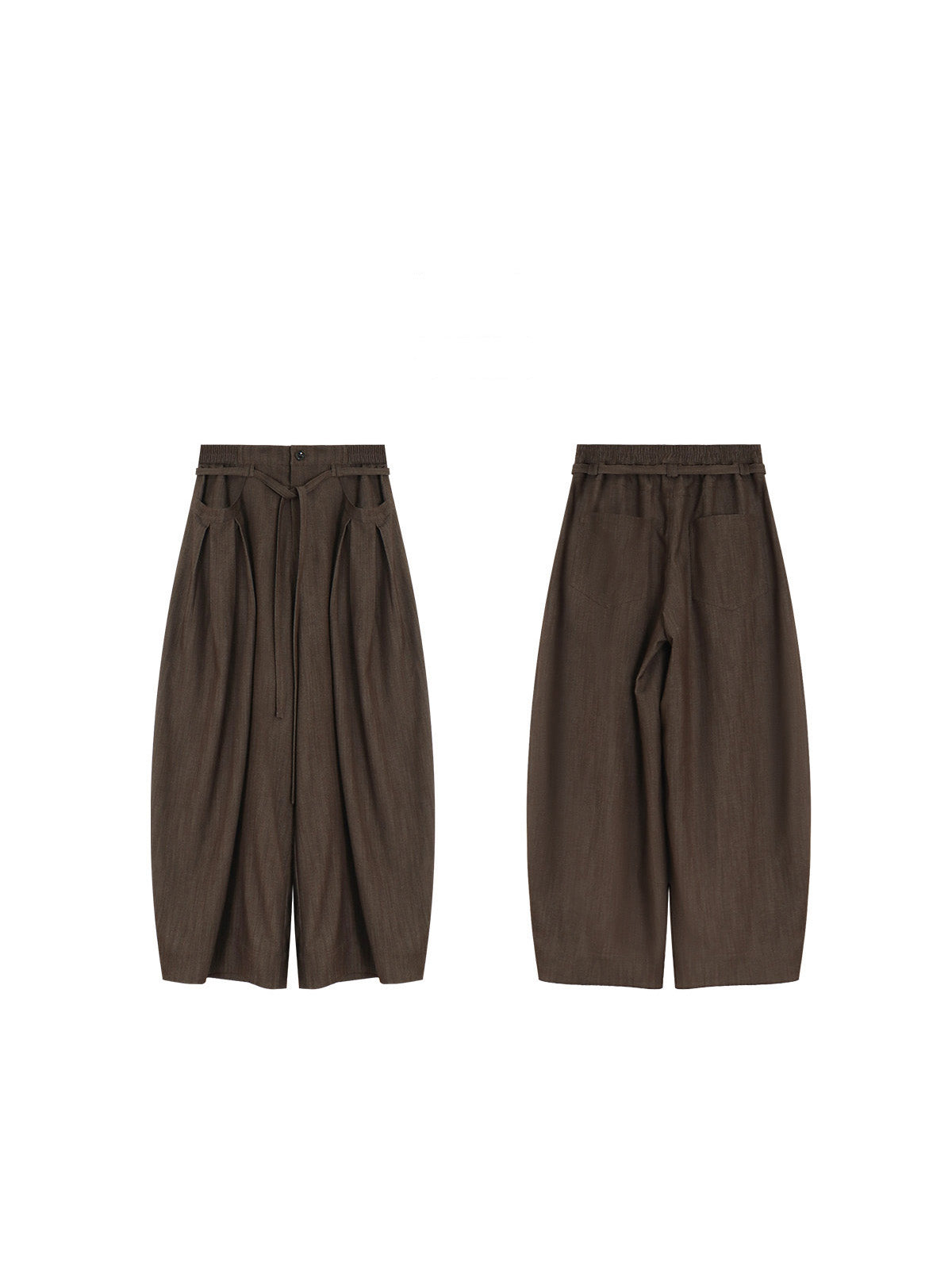 Brown wide-leg pants shown from the back with a straight hem