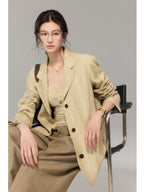 Khaki Long Double-Breasted Blazer with Notch Collar