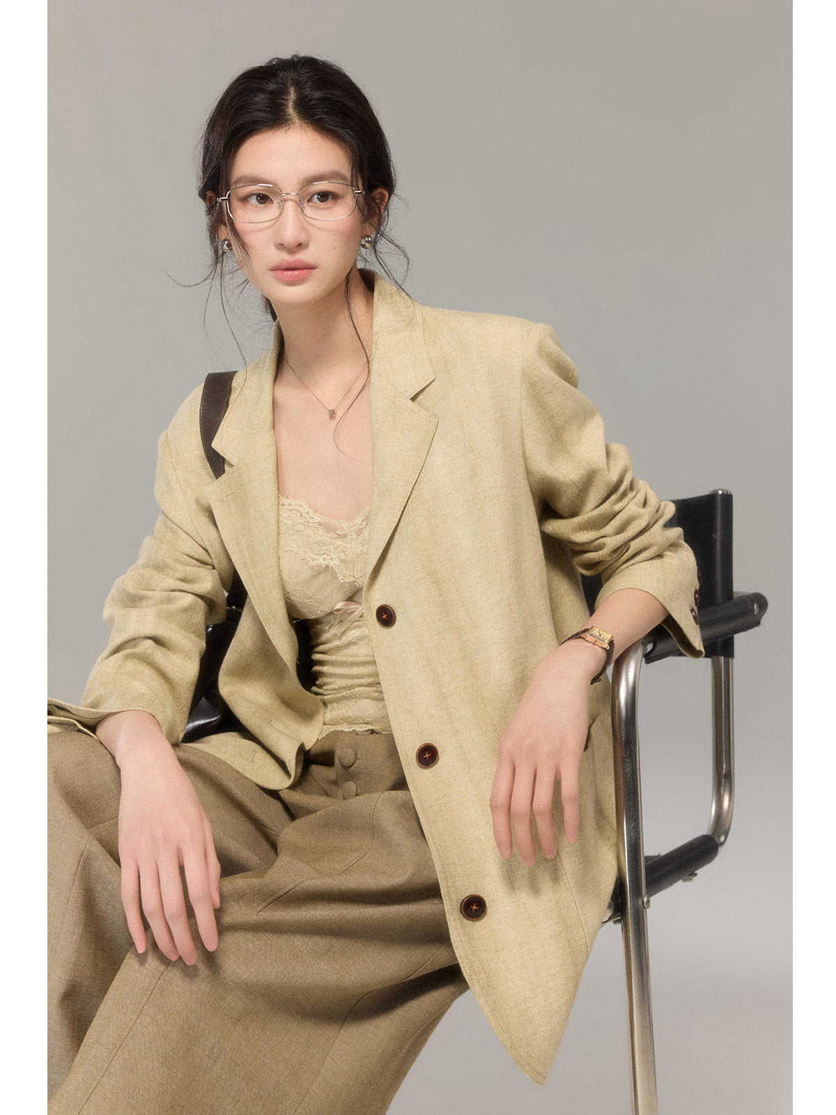 Khaki Long Double-Breasted Blazer with Notch Collar