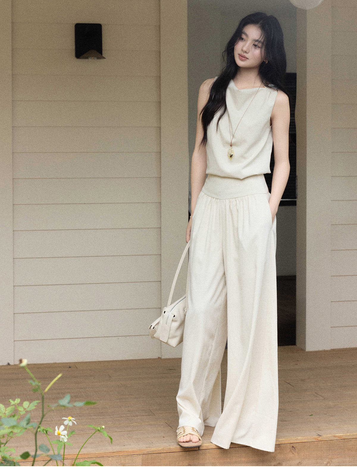 High-Rise Cream Wide-Leg Pants with Elasticated Waist