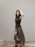 Brown Sleeveless Tank Top With High Neck And Asymmetric Hem