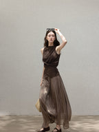Brown Sleeveless Tank Top With High Neck And Asymmetric Hem